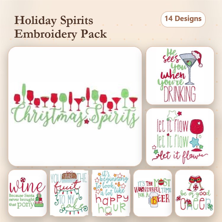 Holiday Beverage Embroidery Designs Bundle – Wine Christmas Spirit, He Sees You When You're Drinking, Christmas Spirits & More (14 Designs)