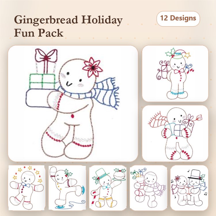 Redwork Gingerbread Holiday Characters Embroidery Designs Bundle – Gingerbread Man with Present, Snowman & More (12 Designs)