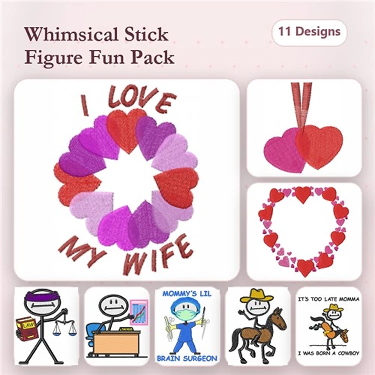 Stick Figures & Hearts Embroidery Designs Bundle – I Love My Wife, Happy Stick Figure, Doctor Stick Figure & More (11 Designs)