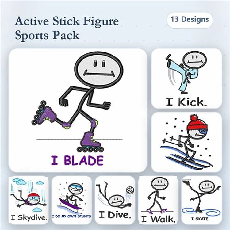 Stick Figure Sports Embroidery Designs Bundle – I Skydive, I Do My Own Stunts, I Walk & More (13 Designs)