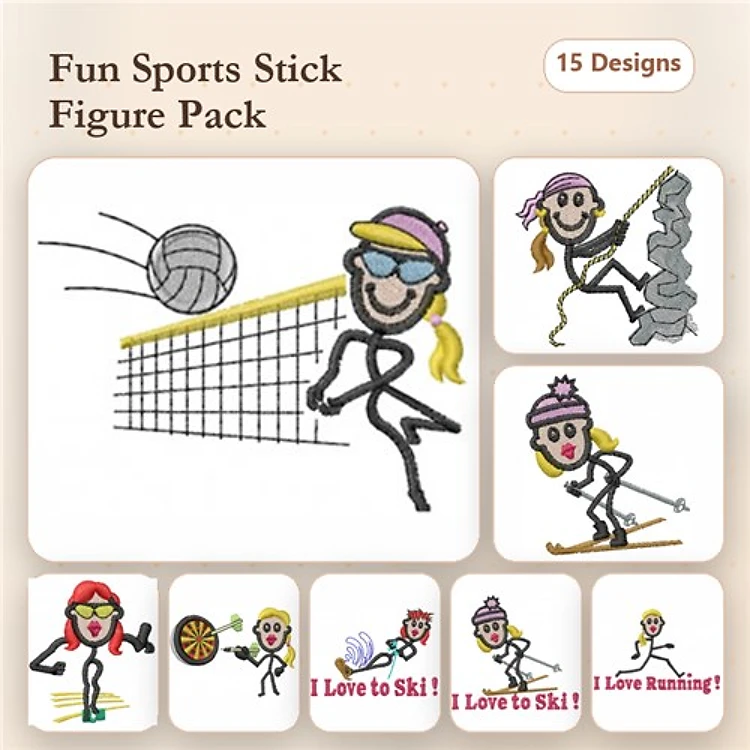 Sports Stick Figures Embroidery Designs Bundle – Volleyball Player, Skiing Figure, Rock Climbing Figure & More (15 Designs)