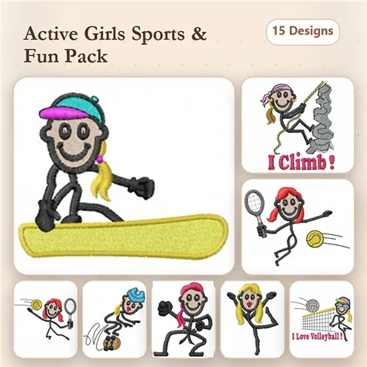 Active Girls in Sports Embroidery Designs Bundle – Girl on Kayak, Girl Climbing, Girl Playing Tennis & More (15 Designs)