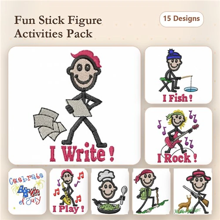 Stick Figure Activities Embroidery Designs Bundle – Writing, Fishing, Music & More (15 Designs)