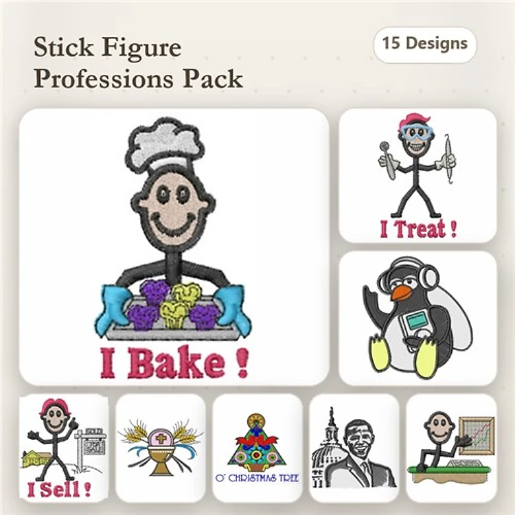 Stick Figure Professions Embroidery Designs Bundle – Baker, Doctor, Teacher, Musician & More (15 Designs)