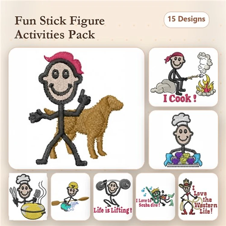 Stick Figure Activities Embroidery Designs Bundle – Cooking, Gardening, Fishing & More (15 Designs)