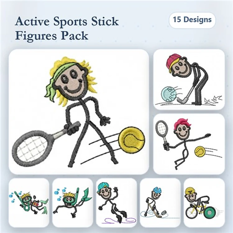 Active Sports Stick Figures Embroidery Designs Bundle – Tennis Player, Soccer Player, Baseball Player & More (15 Designs)