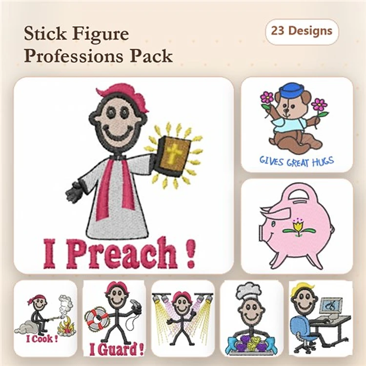 Stick Figure Professions Embroidery Designs Bundle – Preacher, Chef, Gardener & More (23 Designs)