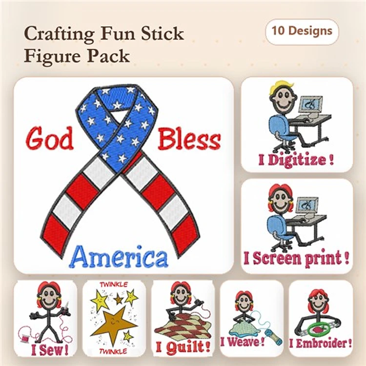 Crafting Fun Stick Figures Embroidery Designs Bundle – God Bless America Ribbon, Digitizing Stick Figure, Sewing Stick Figure & More (10 Designs)