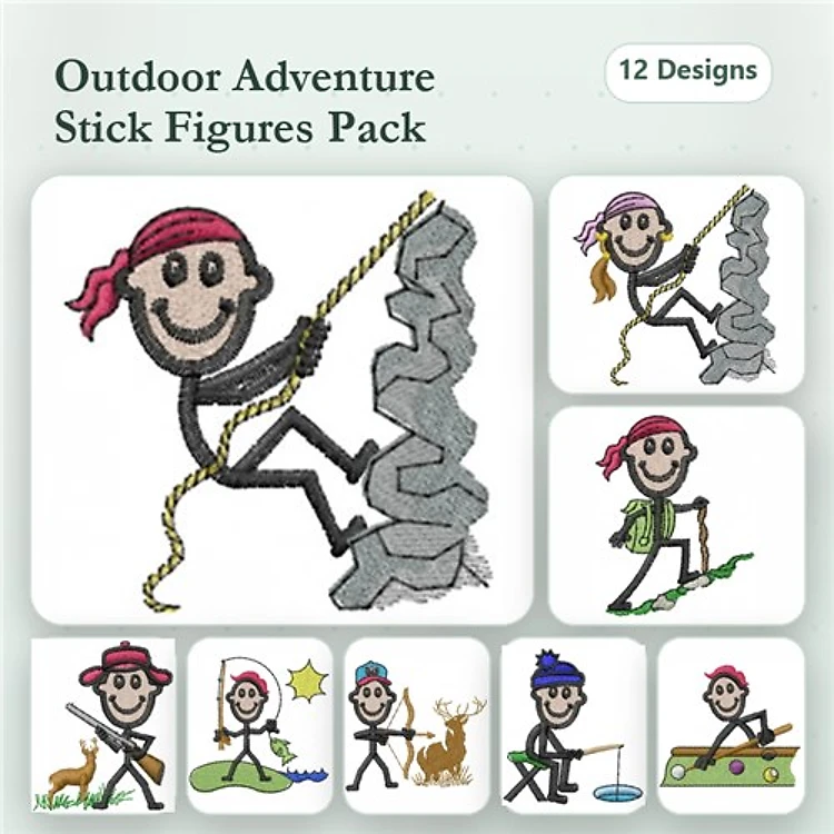 Stick Figure Outdoor Activities Embroidery Designs Bundle – Rock Climbing, Fishing, Hiking & More (12 Designs)