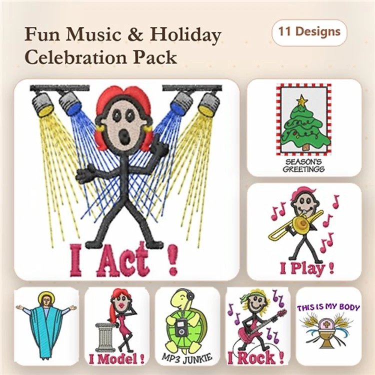 Music & Holiday Embroidery Designs Bundle – I Act!, Seasons Greetings, Rock! & More (11 Designs)