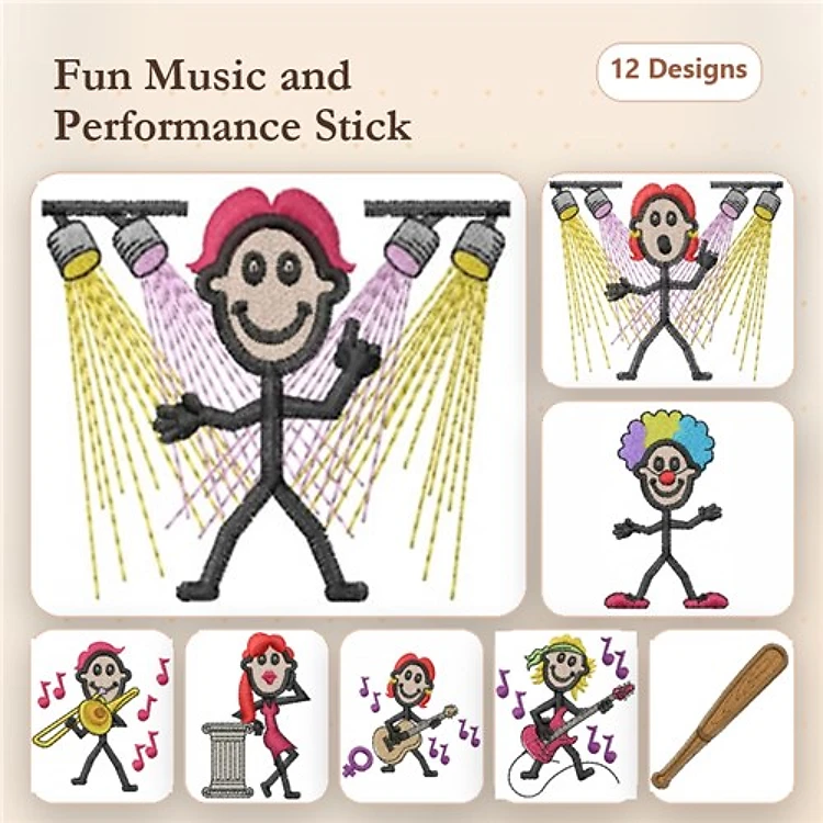Music and Performance Characters Embroidery Designs Bundle – Singer with Microphone, Guitar Player, Drummer Girl & More (12 Designs)