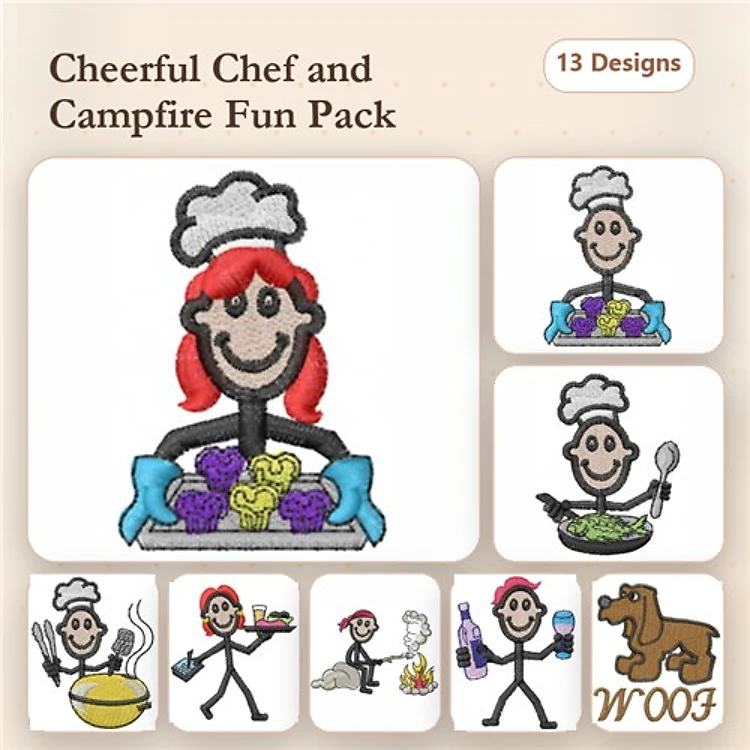 Cheerful Chef Embroidery Designs Bundle – Chef Cooking, Chef with Vegetables, Campfire with Chef & More (13 Designs)