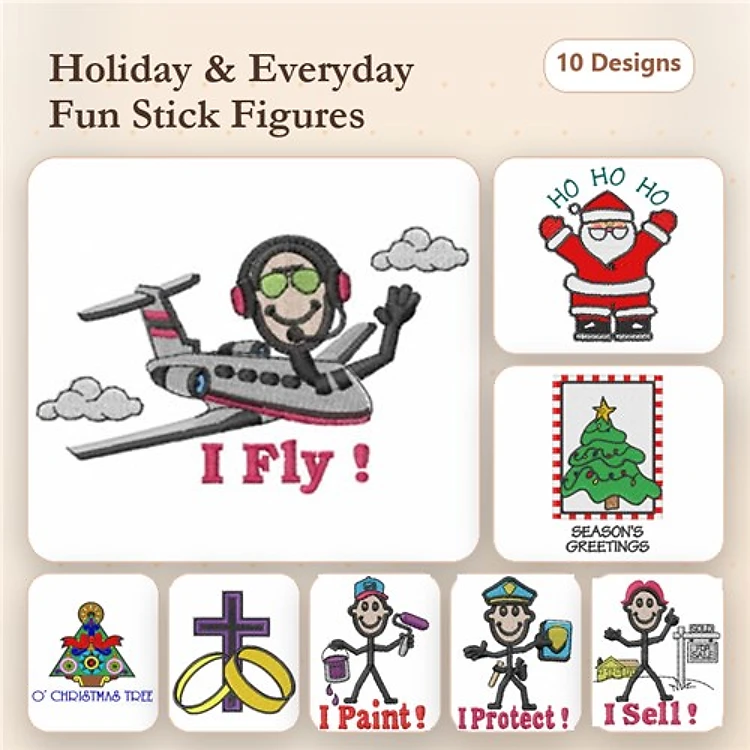 Holiday Fun Stick Figures Embroidery Designs Bundle – Santa Claus, Stick Figure Pilot, Holiday Tree Ornament & More (10 Designs)