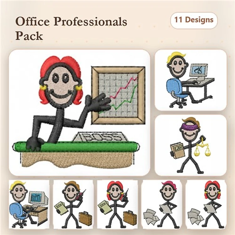 Office Professionals Embroidery Designs Bundle – Boss with Chart, Office Worker at Computer, Delivery Person with Box & More (11 Designs)