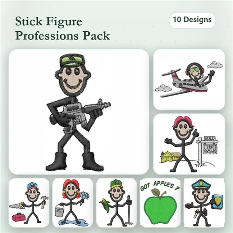 Stick Figure Professions Embroidery Designs Bundle – Police Officer, Pilot, Chef, Gardener & More (10 Designs)