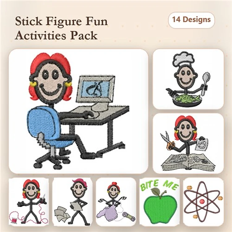 Stick Figure Activities Embroidery Designs Bundle – Woman at Computer, Woman Cooking, Woman Reading & More (14 Designs)