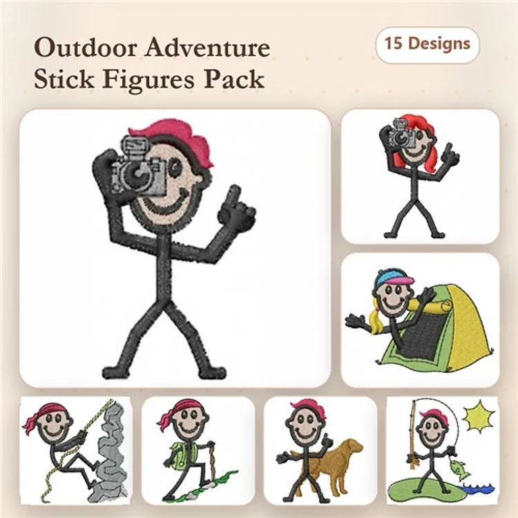 Outdoor Adventure Stick Figures Embroidery Designs Bundle – Photographer, Camper, Climber & More (15 Designs)