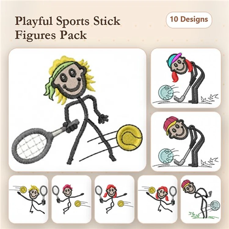 Playful Sports Stick Figures Embroidery Designs Bundle – Tennis Player, Bowling Figure, Golf Player & More (10 Designs)