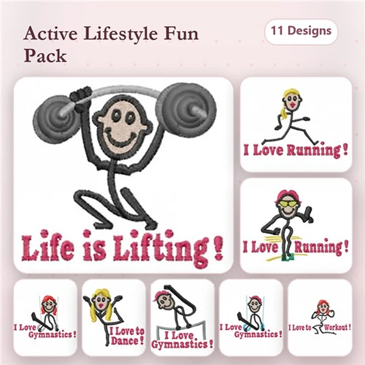 Active Lifestyle Embroidery Designs Bundle – Weight Lifter, I Love Running!, I Love to Dance! & More (11 Designs)