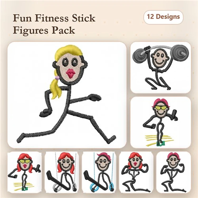 Fitness Stick Figures Embroidery Designs Bundle – Running, Weightlifting, Yoga & More (12 Designs)