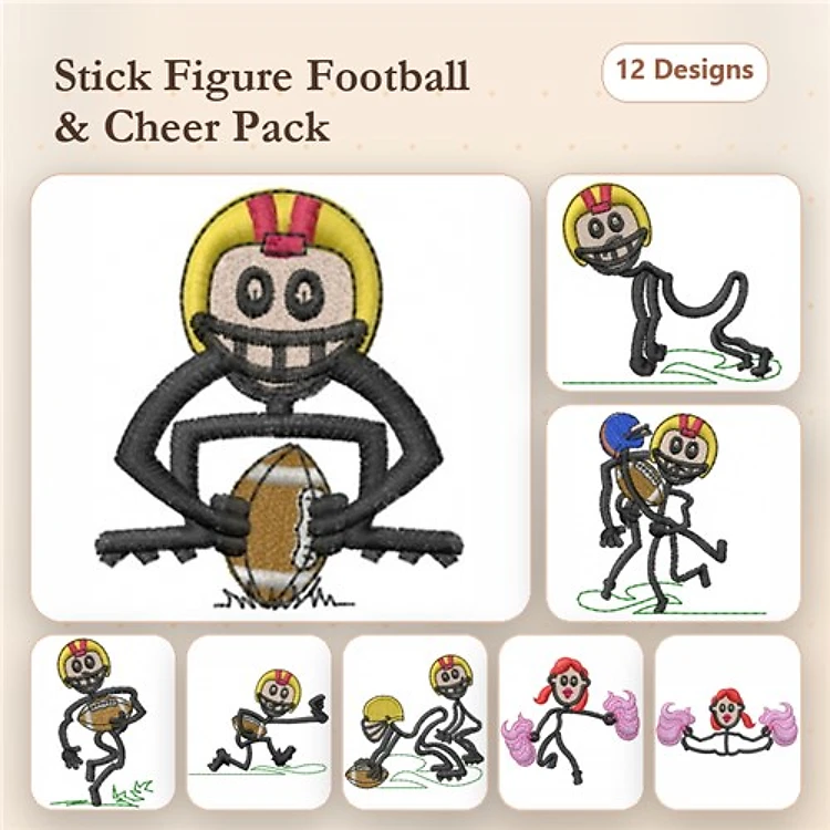 Stick Figure Football & Cheer Embroidery Designs Bundle – Football Player, Cheerleader with Pom Poms & More (12 Designs)