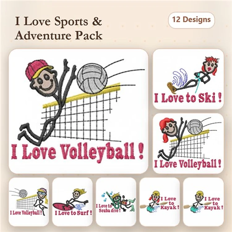 Sports & Adventure Embroidery Designs Bundle – I Love Volleyball, I Love Surf, I Love Kayak & More (12 Designs)