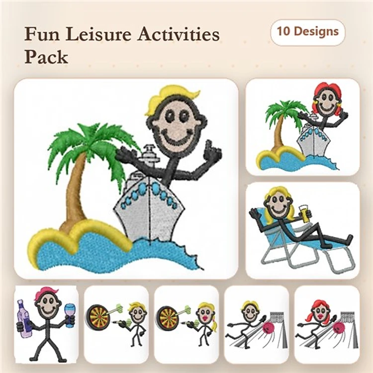 Leisure Activities Embroidery Designs Bundle – Beach Fun Characters: Relaxing, Playing Frisbee, Enjoying Drinks & More (10 Designs)