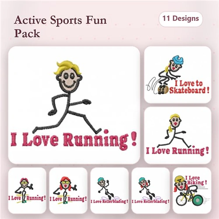 Active Sports Embroidery Designs Bundle – I Love Running!, I Love to Skateboard!, Biking & More (11 Designs)