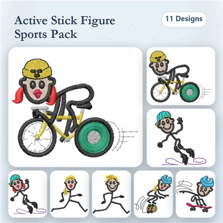 Stick Figure Sports Embroidery Bundle – Bike Riding, Running, Soccer & More (11 Designs)