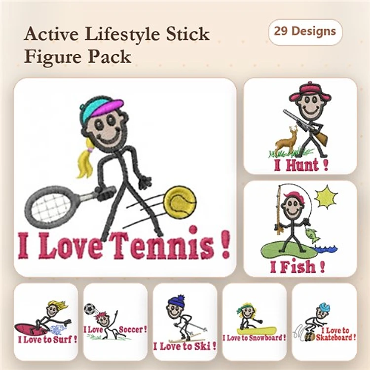 Active Lifestyle Stick Figures Embroidery Designs Bundle – I Love Tennis, I Hunt, I Fish & More (29 Designs)