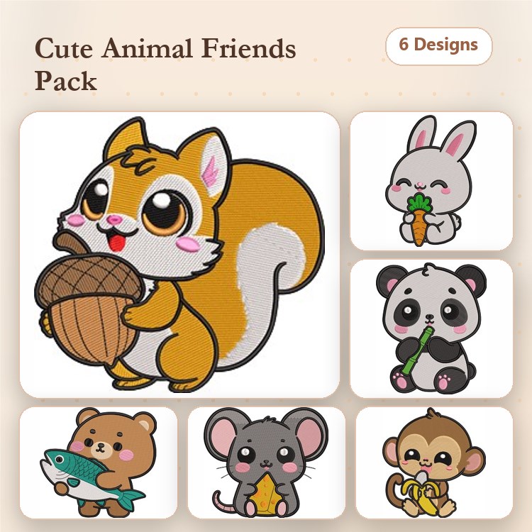 Cute Animal Characters Embroidery Designs Bundle – Squirrel with Acorn, Bunny with Carrot, Panda with Bamboo & More (6 Designs)