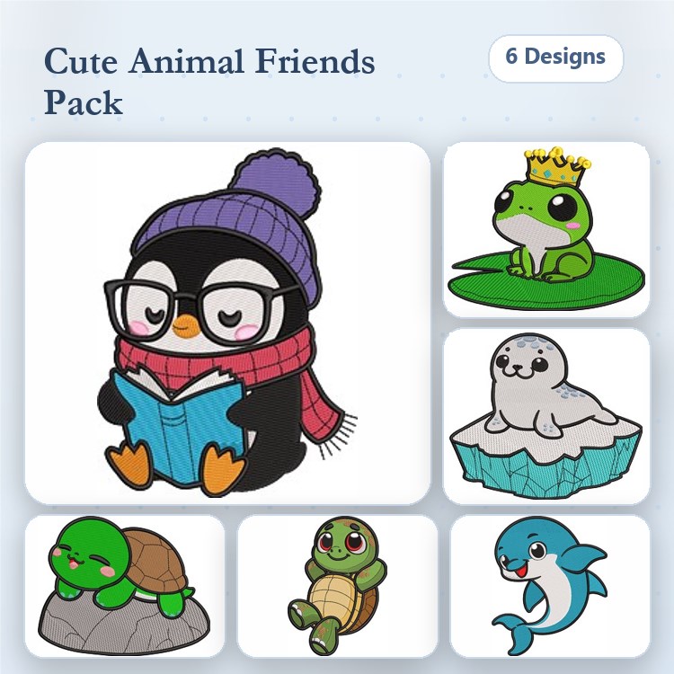 Cute Animal Characters Embroidery Designs Bundle – Reading Penguin, Crowned Frog, Seal on Ice & More (6 Designs)