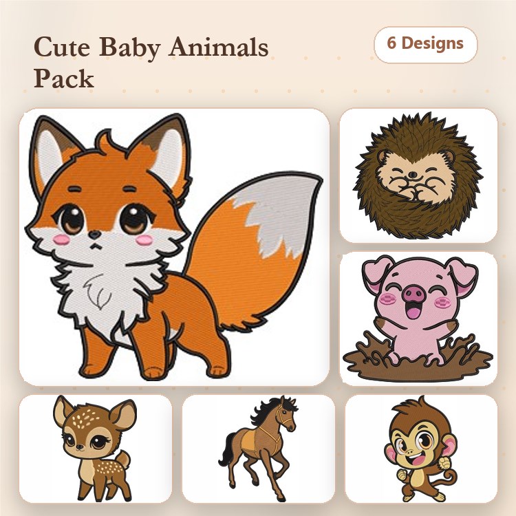 Cute Baby Animals Embroidery Bundle – Fox, Lion Cub, Piglet & More (6 Designs)