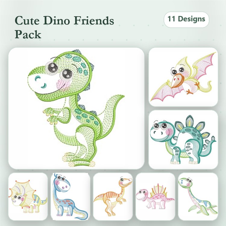 Cute Dinosaur Characters Embroidery Designs Bundle – Tyrannosaurus Rex, Pterodactyl, Stegosaurus & More (11 Designs)