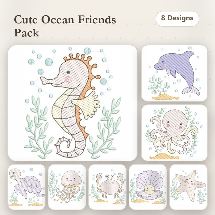 Ocean Creatures Embroidery Designs Bundle – Seahorse, Dolphin, Octopus & More (8 Designs)