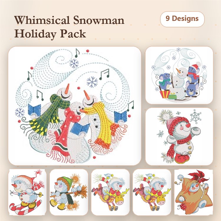 Snowmen Embroidery Designs Bundle – Singing Snowmen, Snowman with Gift, Snowman with Candy & More (9 Designs)