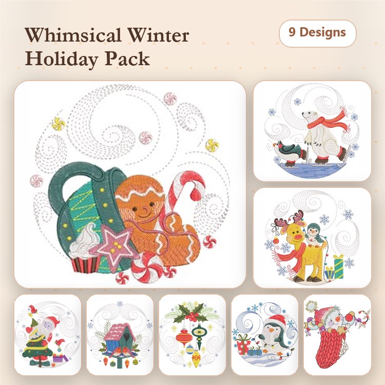 Christmas Embroidery Designs Bundle – Gingerbread Cookie, Snowman Family, Reindeer with Gifts & More (9 Designs)