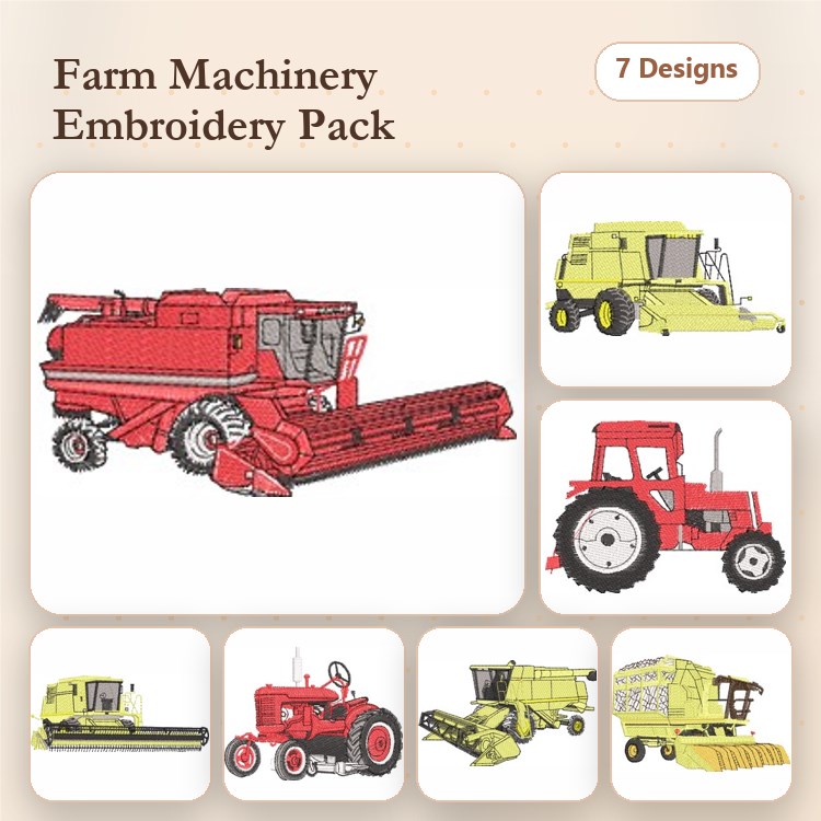 Farm Machinery Embroidery Designs Bundle – Combine Harvester, Tractor, Baler, Plow & More (7 Designs)