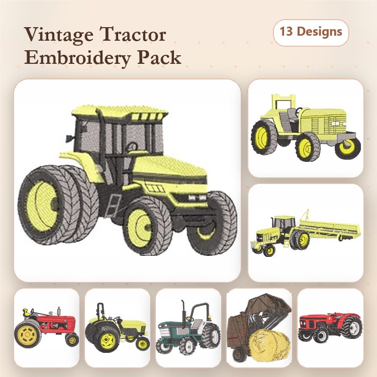 Farm Machinery Embroidery Designs Bundle – Yellow Vintage Tractor, Red Vintage Tractor, Green Vintage Tractor & More (13 Designs)