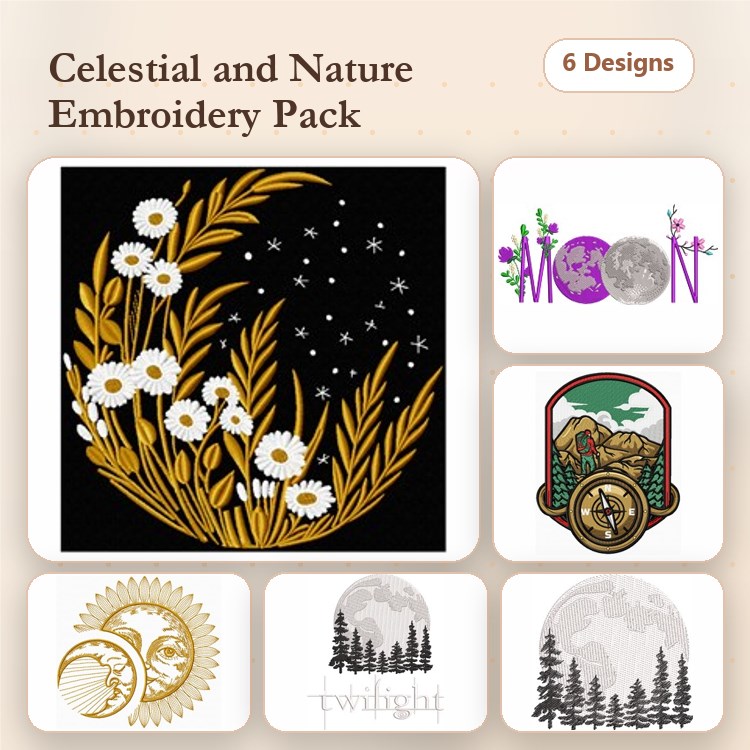 Celestial & Nature Embroidery Designs Bundle – Daisy Wreath, Moon with Stars, Mountain Scene Badge & More (6 Designs)