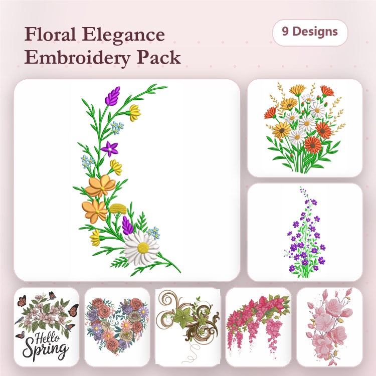 Floral Elegance Embroidery Bundle – Spring and Flower Designs (9 Designs)