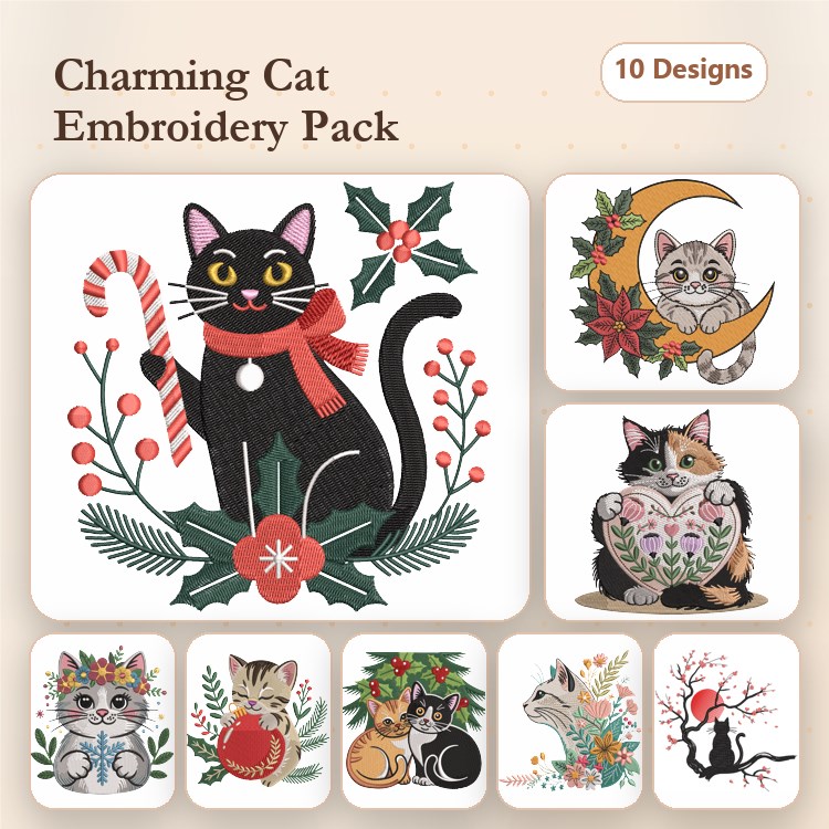 Charming Cat Embroidery Bundle – Festive Feline Designs (10 Designs)