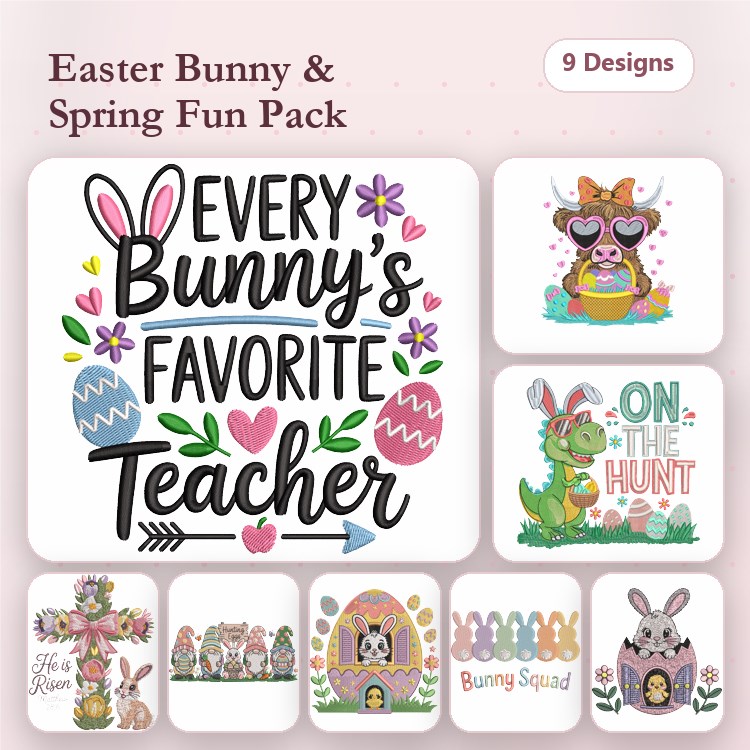 Easter Bunny & Spring Fun Embroidery Bundle – Teacher & Seasonal Designs (9 Designs)