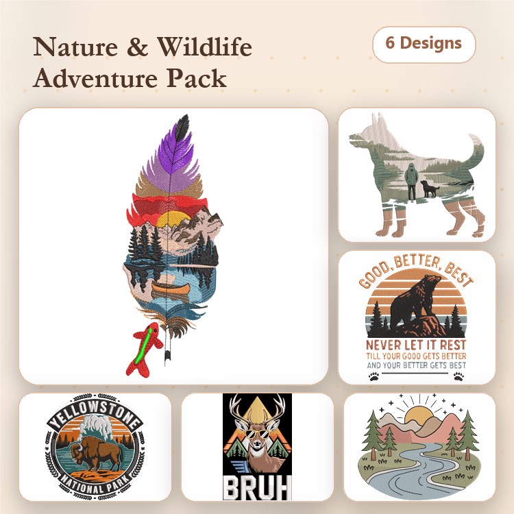 Nature & Wildlife Embroidery Bundle – Adventure Designs (6 Designs)
