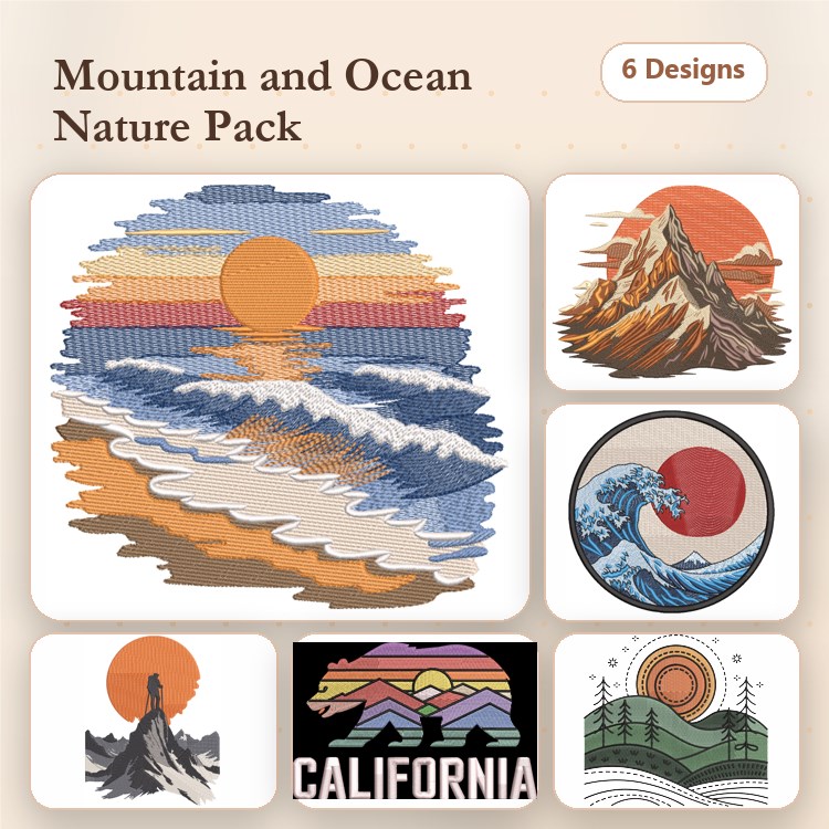 Mountain & Ocean Nature Embroidery Bundle – Scenic Landscapes (6 Designs)