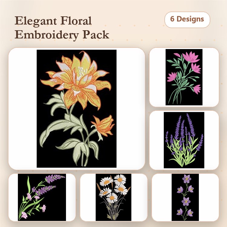 Elegant Floral Embroidery Designs Bundle – Orange Lily, Pink Wildflower Bouquet, Lavender Sprigs & More (6 Designs)