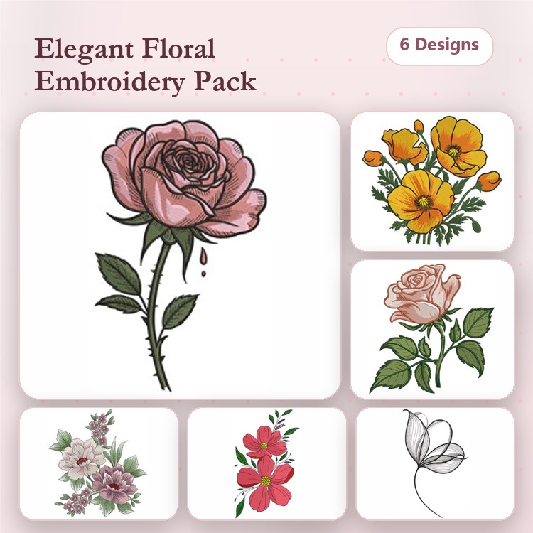 Elegant Floral Embroidery Designs Bundle – Pink Rose with Water Droplets, California Poppy, Rose Bouquet & More (6 Designs)