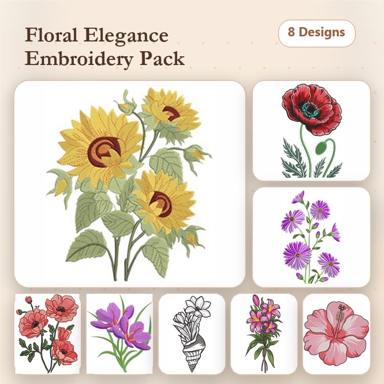 Floral Embroidery Designs Bundle – Sunflower Bouquet, Red Poppy, Ice Cream Cone with Flowers & More (8 Designs)