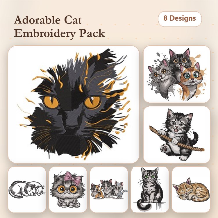 Cat Embroidery Designs Bundle – Black Cat Face, Playful Kittens, Kittens with Toy & More (8 Designs)