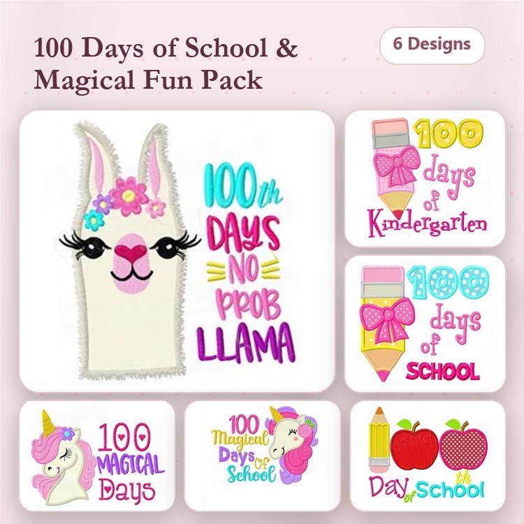 Applique School & Fun Embroidery Bundle – 100th Day Llama, Pencil, Apple & More (6 Designs)